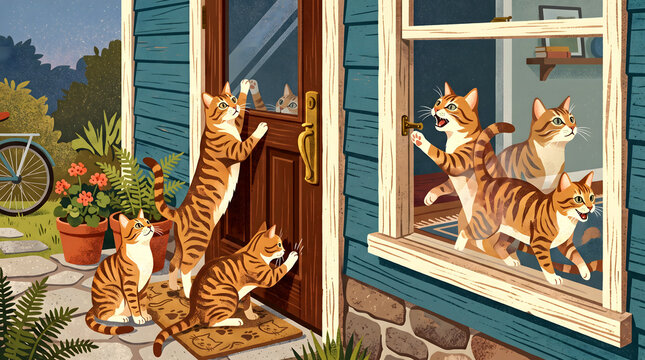 multiple exposures of an orange cat trying to get inside and outside a house. whimsical, illustration, chaotic, comical, scene,