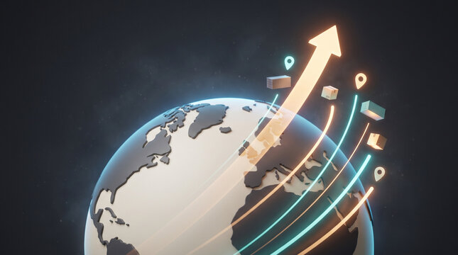 3D globe with glowing trade routes and rising growth arrow