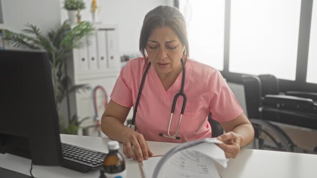 Woman doctor in pink scrubs types on computer with stethoscope, sorts papers and puts hand to forehead for headache in building; fatigue.