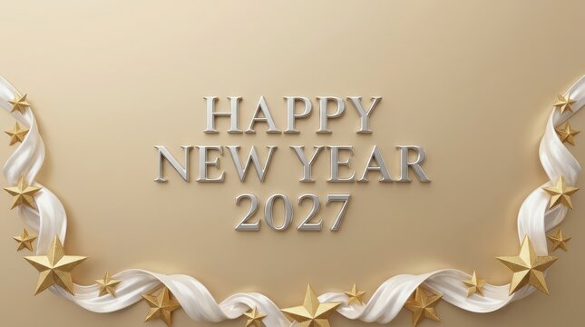 Happy new year 2027 greeting card with silver 3d text, golden stars, and elegant white wavy ribbons on a soft beige background