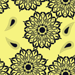 Black and white floral pattern seamless background with daisy motifs and decorative leaves © Wolfworker