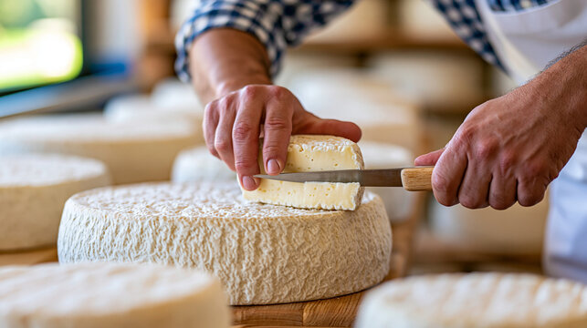Cheesemaker carefully cutting a large wheel of aged cheese for inspection, gourmet food production, artisan craftsmanship, dairy business, detailed texture, warm natural light,
