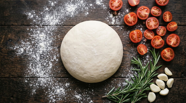 Ball of pizza dough on wooden table with flour, halved tomatoes, rosemary and garlic cloves. Food industry, restaurant, cooking, baking.
