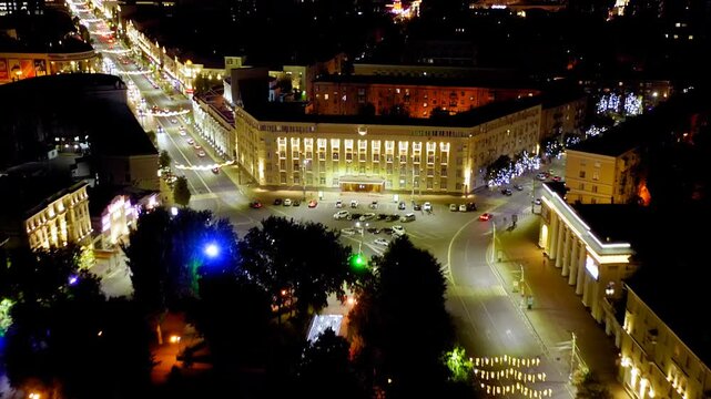 Voronezh, Russia. Lenin Square. The administrative building of the government of the Voronezh region. Koltsovsky square. City night view. Drone footage