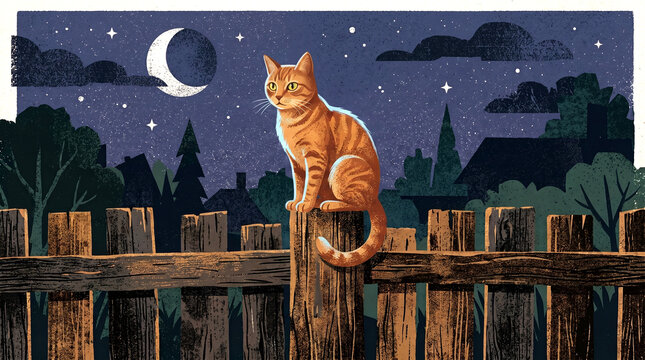 orange tabby cat perched attentively on a rustic wooden fence under a starry night sky with a crescent moon Graphic poster style illustration