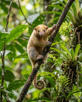 Golden Silky Anteater Clinging to a Branch in the Tropical Forest (Cyclopes didactylus).