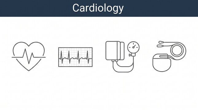 Minimalist cardiology icons set featuring heart symbols, electrocardiogram waveforms, blood pressure monitors, and cardiac pacemakers in a clean monochrome line art vector style