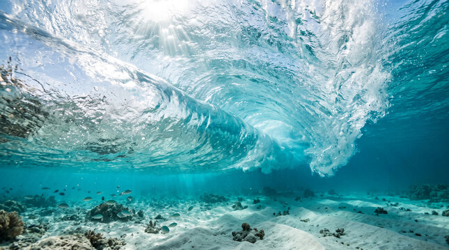 Underwater view of a breaking ocean wave, sunlight filtering through turquoise water, showing coral and fish, symbolizing nature, power, and serenity