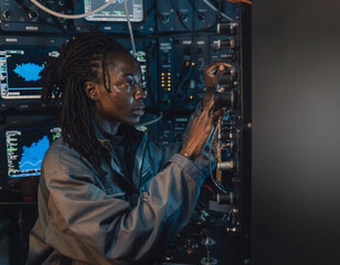 Fototapeta premium Female black engineer adjusting complex wiring and control panels in dark technical server room