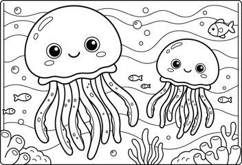 Cute cartoon jellyfish swimming underwater near sea fish and coral reef coloring page illustration for kids activity book, © MOSTAFRINA