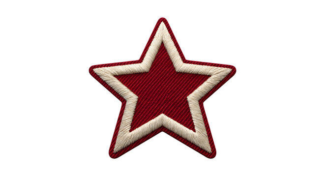 Red star emblem with white embroidered stitching edges as a fabric patch on transparent background.
