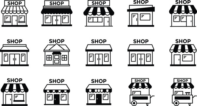 Retail shop storefront facade line icon collection with market building awnings street food cart kiosks outline vectors