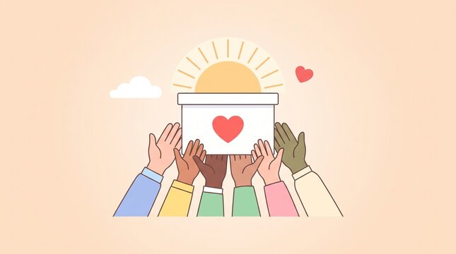 Diverse hands lifting donation box with heart