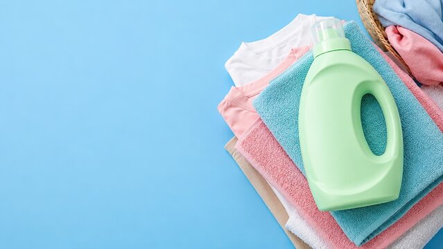 Laundry detergent bottle with neatly folded clean clothes on a turquoise wooden background with copy space for household cleaning and fabric care concepts.