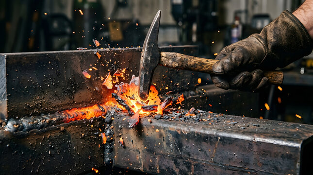 Blacksmith strikes a piece of hot glowing metal with a steel hammer in an industrial forge environment.