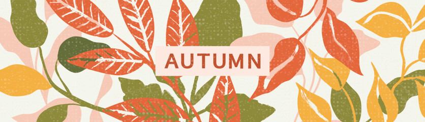 Naklejka premium Autumn banner with stylized textured leaves and branches for seasonal design. Modern artistic style with grainy texture and warm colors, vector illustration.