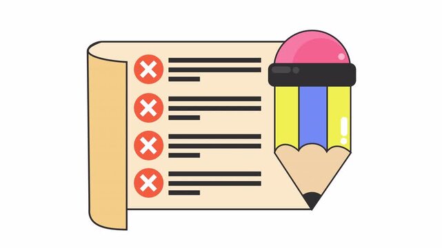 Paper scroll error report document with red cross marks and yellow pencil cartoon animation for failed task list symbol and rejected notification element concept isolated on an alpha channel.