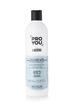 LONDON, UK - MARCH 09, 2026: Bottle of Pro You anti hair shampoo by Revlon Professional on white background.