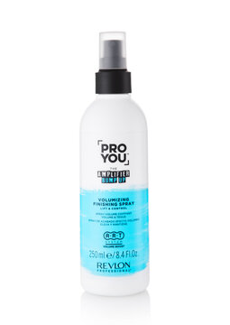 LONDON, UK - MARCH 09, 2026: Bottle of Pro You volumizing finishing spray by Revlon Professional on white background.