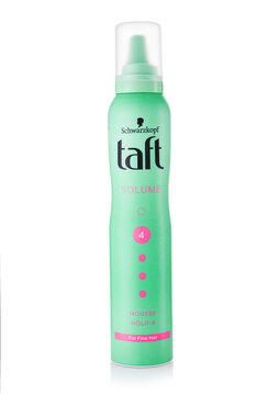 LONDON, UK - APRIL 09, 2026: Schwarzkopf Taft Volume mousse hold for fine hair on white background.