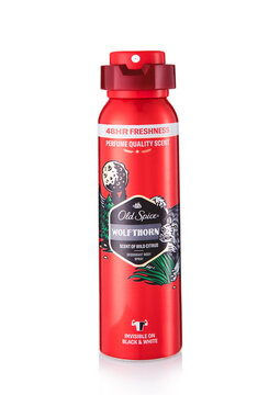 LONDON, UK - MARCH 29, 2026: Old Spice Wolfthorn deodorant body spray on white background.