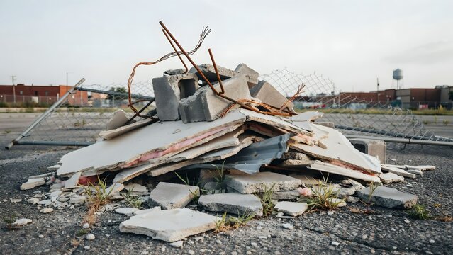 Debris pile of broken concrete, wires, and construction waste on asphalt surface