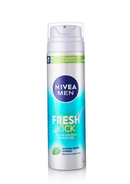 LONDON, UK - FEBRUARY 28, 2026: Container of Nivea Men Shaving Gel with mint and cactus water on white background.