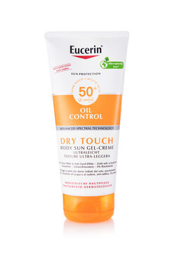 LONDON, UK - APRIL 02, 2026: Eucerin oil control dry touch sun protection body cream on white background.