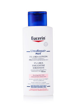LONDON, UK - APRIL 02, 2026: Eucerin urea repair plus 5 percent urea lotion on white background.