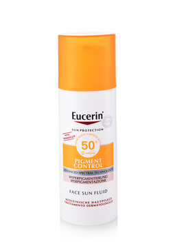 LONDON, UK - APRIL 02, 2026: Eucerin pigment control sun protection face cream on white background.