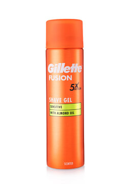 LONDON,UK - MARCH 12, 2026: Gillette Fusion shave gel container on white background.