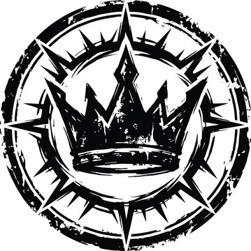 grungy black crown emblem with spikes on white background