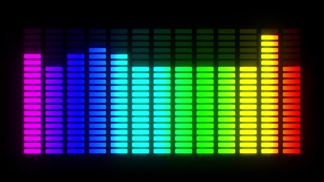 Dynamic rainbow vertical audio spectrum equalizer bars. Pulsing music visualization on black background. Digital frequency equalizer sound signal visualization. Frequency level indicator
