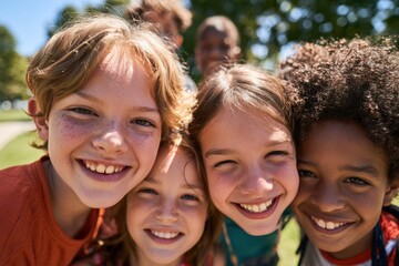 Obraz premium Sunny outdoor portrait of diverse pre-teen friends smiling at the camera in a park