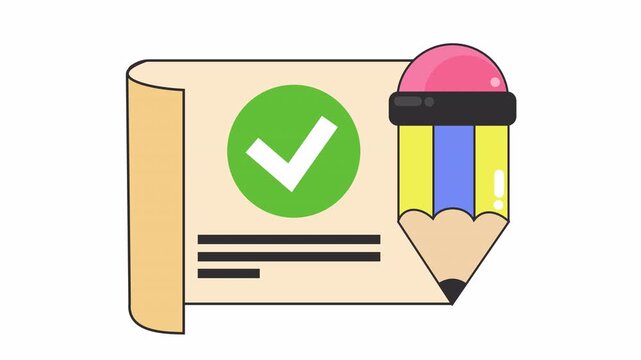 Paper scroll checklist document with green checkmarks and yellow pencil cartoon animation for completed task list notification symbol and data validation element concept isolated on an alpha channel.