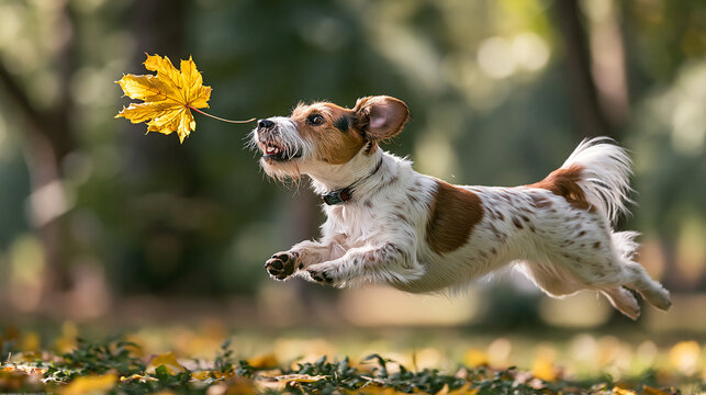 Energetic small dog leaps through autumn air chasing a falling bright yellow maple leaf outdoors