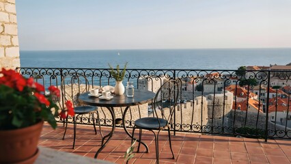 Naklejka premium Scenic outdoor terrace with table and chairs overlooking an ocean view