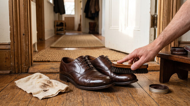 Man polishing brown leather shoes in a hallway  