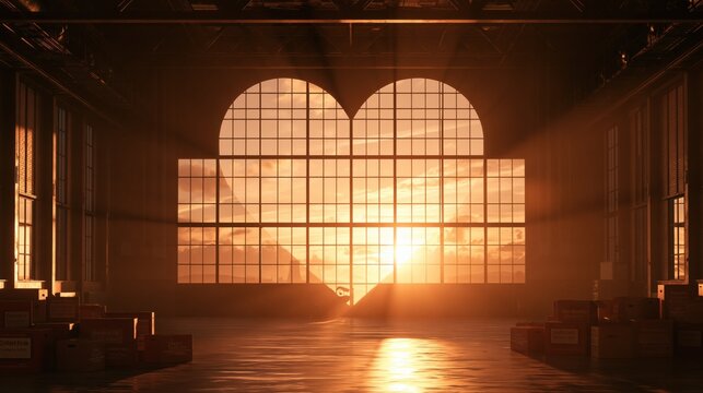 Sunlight pours through heart shaped windows in a vast abandoned warehouse creating a radiant trail of light on the floor that inspires thoughts of affection and fresh starts within an aged industrial 