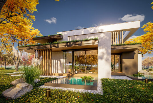 3d rendering of two-story house with parking and pool for sale or rent with concrete facade and beautiful landscaping on background. Clear sunny autumn day with golden leaves anywhere
