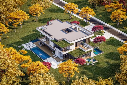 3d rendering of two-story house with parking and pool for sale or rent with concrete facade and beautiful landscaping on background. Clear sunny autumn day with golden leaves anywhere