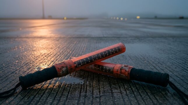 Crossed orange light wands lying on wet airport runway pavement during rainy dusk for aviation ground handling traffic control and flight safety operations