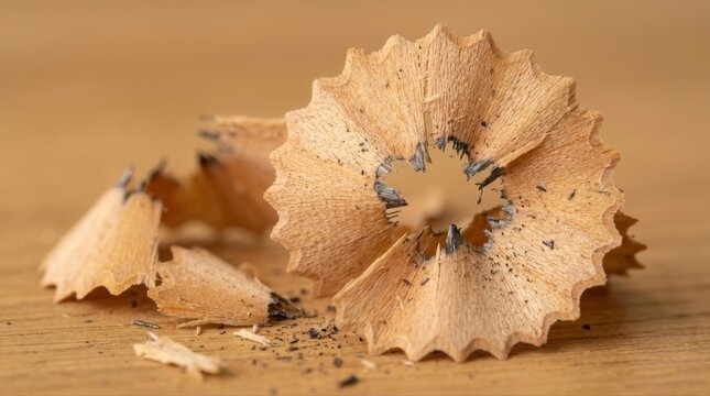 Pencil shavings with graphite residue scattered on a light brown wooden desk, representing education, creativity, and craftsmanship