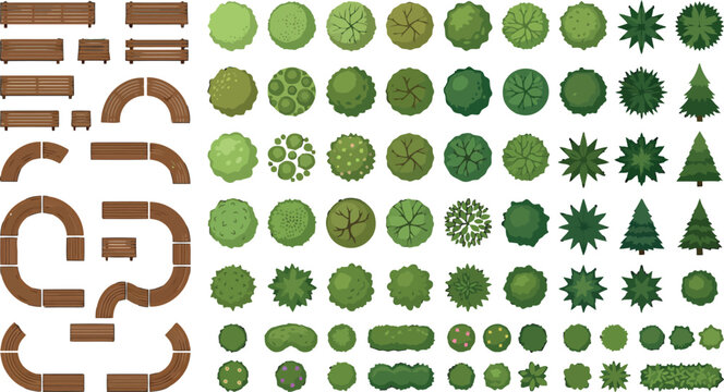 Top view vector set of park benches and various green trees for architectural landscape design plans