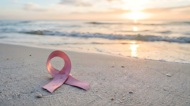A pink breast cancer awareness ribbon resting on the sandy beach during a beautiful golden sunset with ocean waves in the background