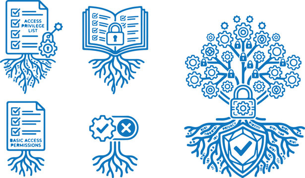 Role-based access control RBAC privilege list root system and cybersecurity blue sketch icon set