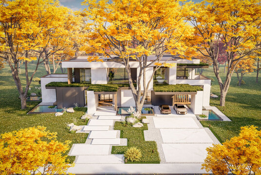 3d rendering of two-story house with parking and pool for sale or rent with concrete facade and beautiful landscaping on background. Clear sunny autumn day with golden leaves anywhere