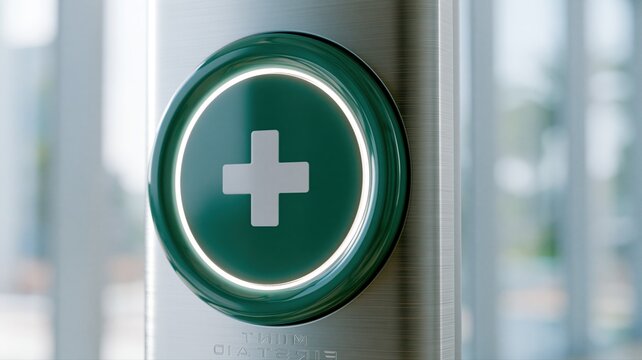 Green light emergency medical button on metal post