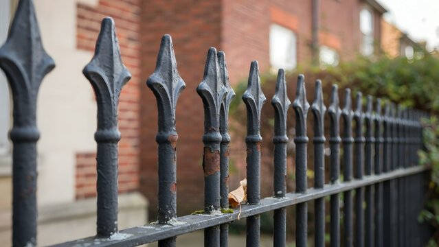 Decorative wrought iron fence with pointed spearhead tips in urban neighborhood