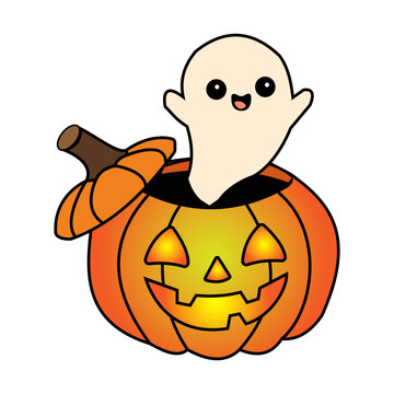 Cute Ghost Popping Out of Pumpkin Vector - Halloween Jack-o'-Lantern Illustration. Resizable and editable, EPS 10.